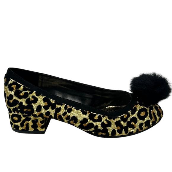 GB Girls Dress Shoes Size 2M Sparkle Leopard print with Pom poms - Picture 2 of 7